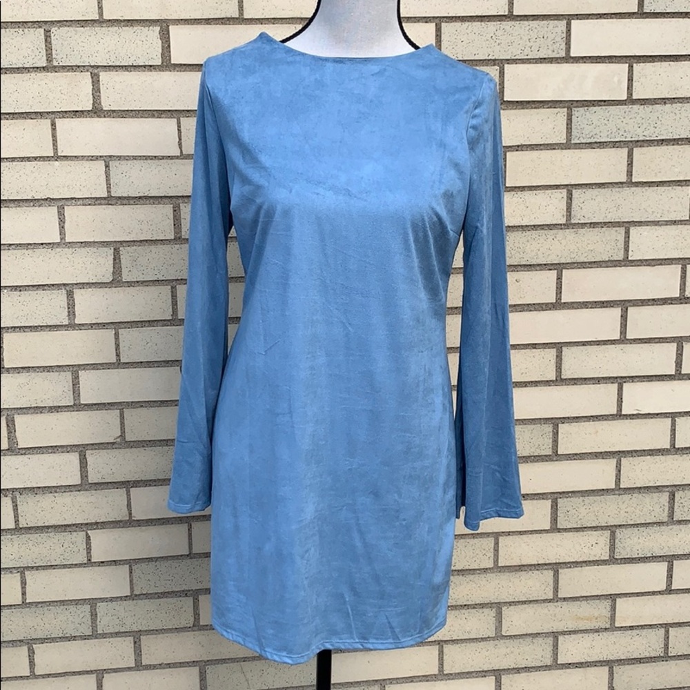 BLUE SOFT SUEDE DETAILED LINED MINI DRESS - Picture 5 of 9
